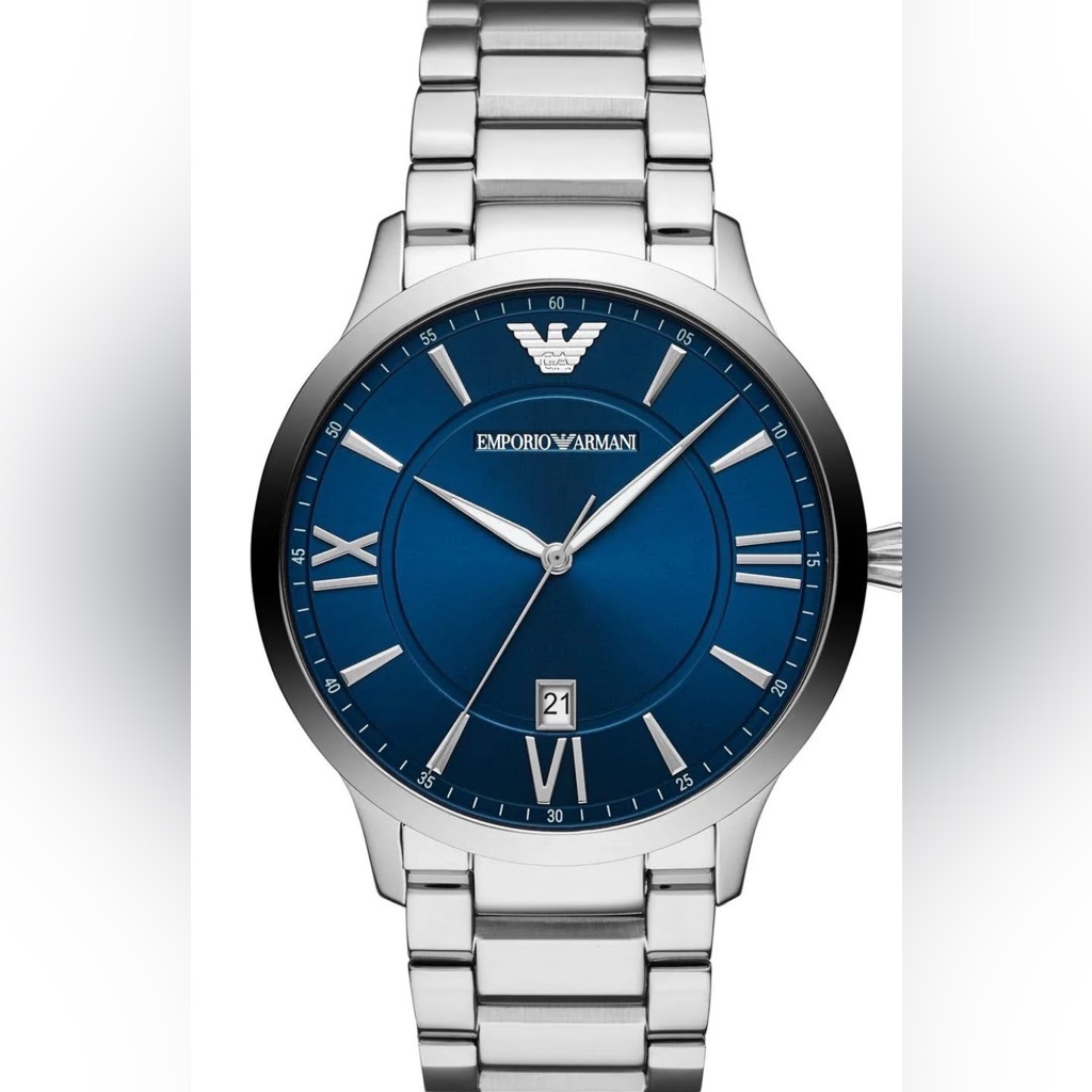 Emporio Armani Silver Watch With Blue Dial And Roman Mens Watch